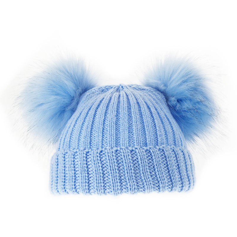 BLUE DOUBLE POM-POM HAT (0-6M) - Little 